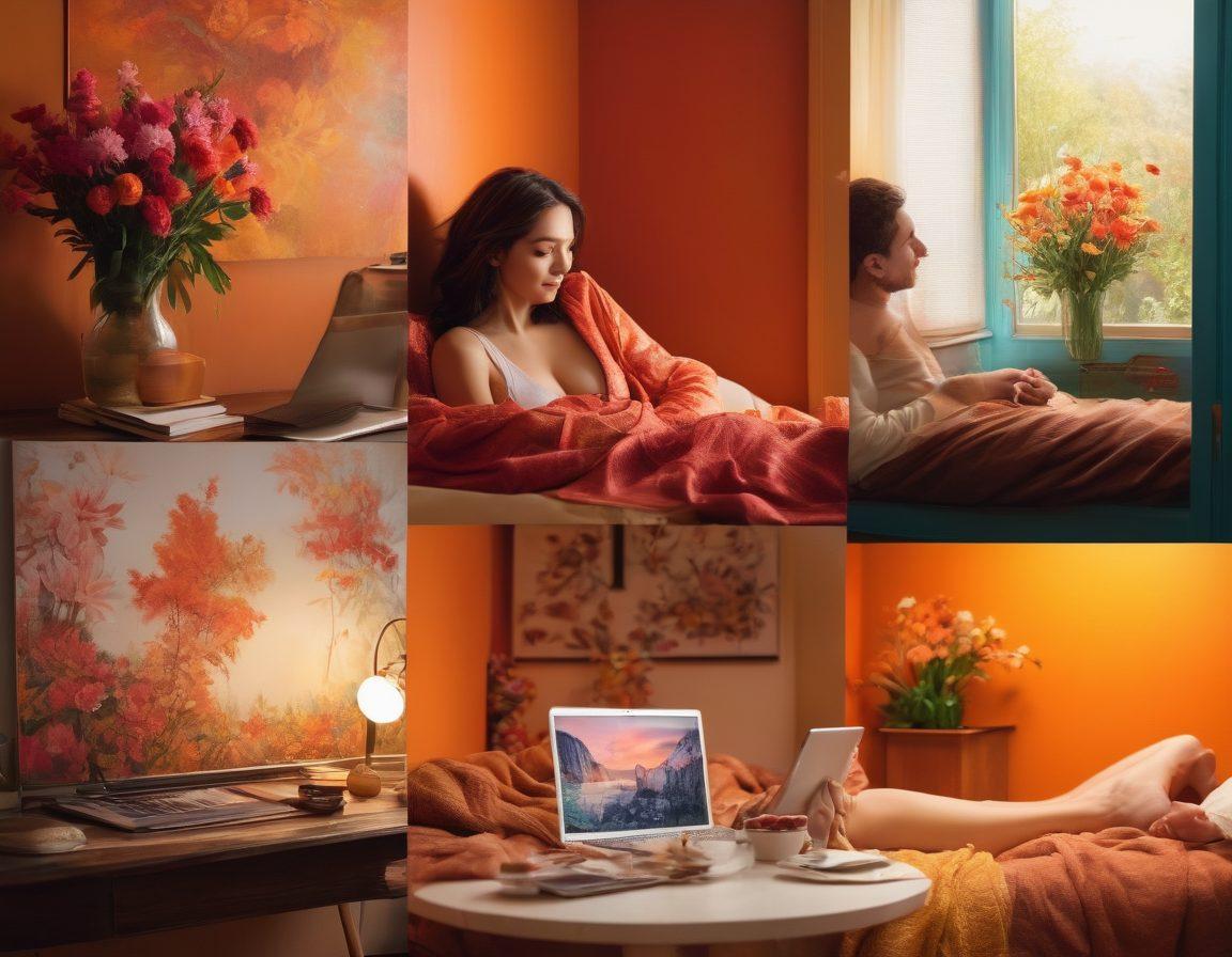 A visually striking collage showcasing the essence of casual adult entertainment, featuring vibrant, inviting visuals of diverse couples enjoying playful moments in cozy settings. Include elements symbolizing accessibility, like a phone and laptop, intertwined with flowers to evoke beauty. Use warm colors and soft lighting to create an inviting atmosphere. evoke a sense of intimacy and relaxation. super-realistic. vibrant colors. soft focus.