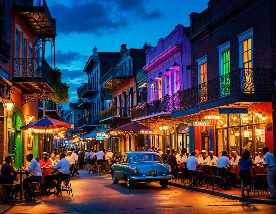 A vibrant New Orleans street scene at dusk, featuring a jazz band playing in the background, colorful neon lights from bars, and chic adults lounging comfortably in an outdoor cafe setting, indulging in a modern and relaxed atmosphere for adult entertainment. Include hints of local culture with buildings decorated in intricate ironwork and lush greenery, capturing the essence of this lively city night. super-realistic. vibrant colors. 3D.